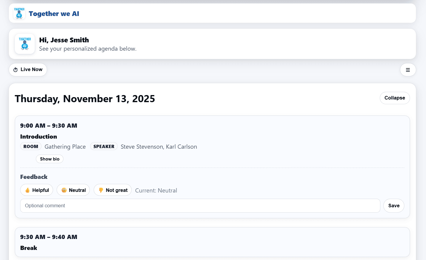 Personalized agenda cards with speakers, room, notes and registration